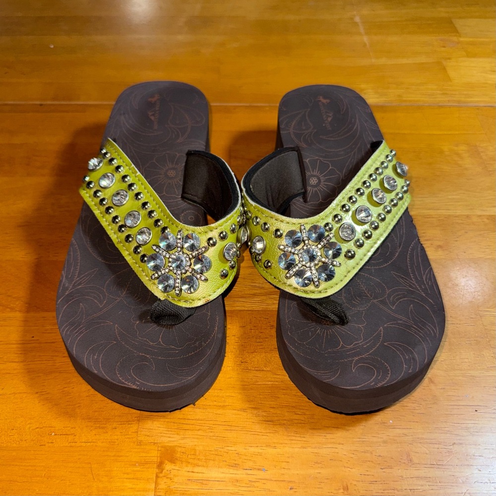Montana West Womens 8 Lime Green Rhinestone Studded Platform Wedge Flip Flops